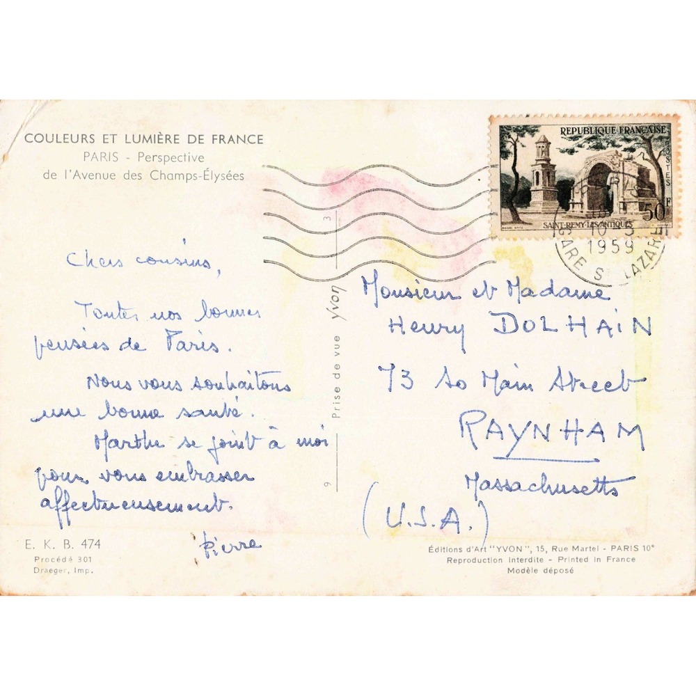 Vintage 1959 Paris France Postcard Champs-Elysees Arc de Triomphe Yvon 50F Stamp - Picture 2 of 2